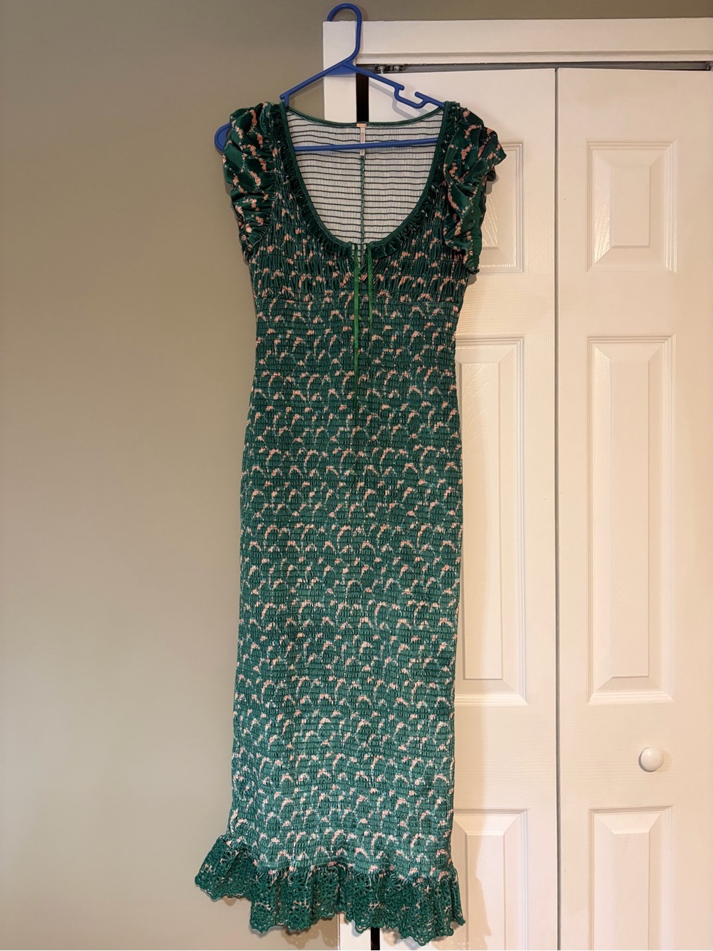 Green Smocked Knit Midi Dress with Ruffle Hem - Picture 6 of 6